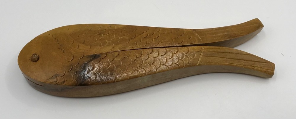 VTG Hand Carved Solid Wood Fish Shape Double Nut Cracker 8" Decorative Textured