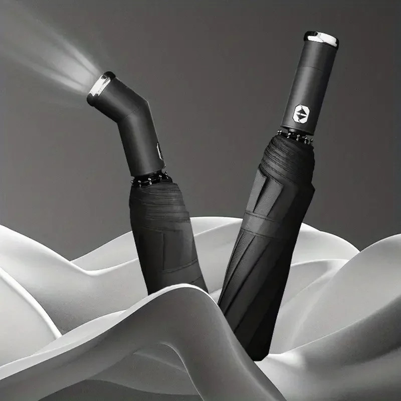 Fully Automatic Reverse Folding Umbrella With LED Flashlight 10Ribs Windproof Re