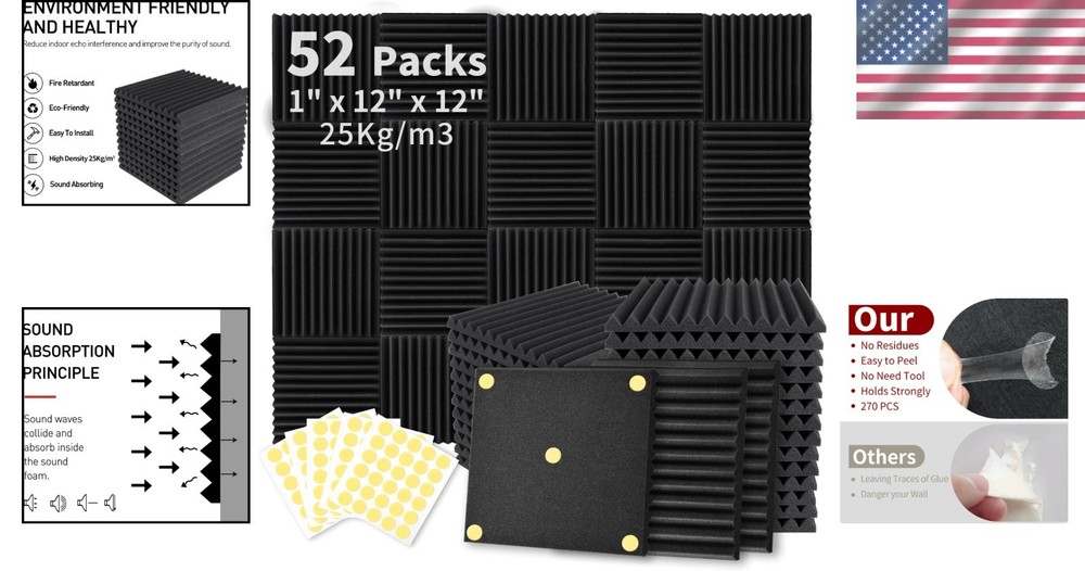 52 Pack Acoustic Foam Panels - Sound Diffusion Studio Foam