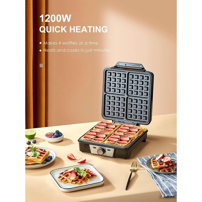 4 Slice Belgian Waffle Maker 1200W Nonstick Easy Clean Space Saving Design New
