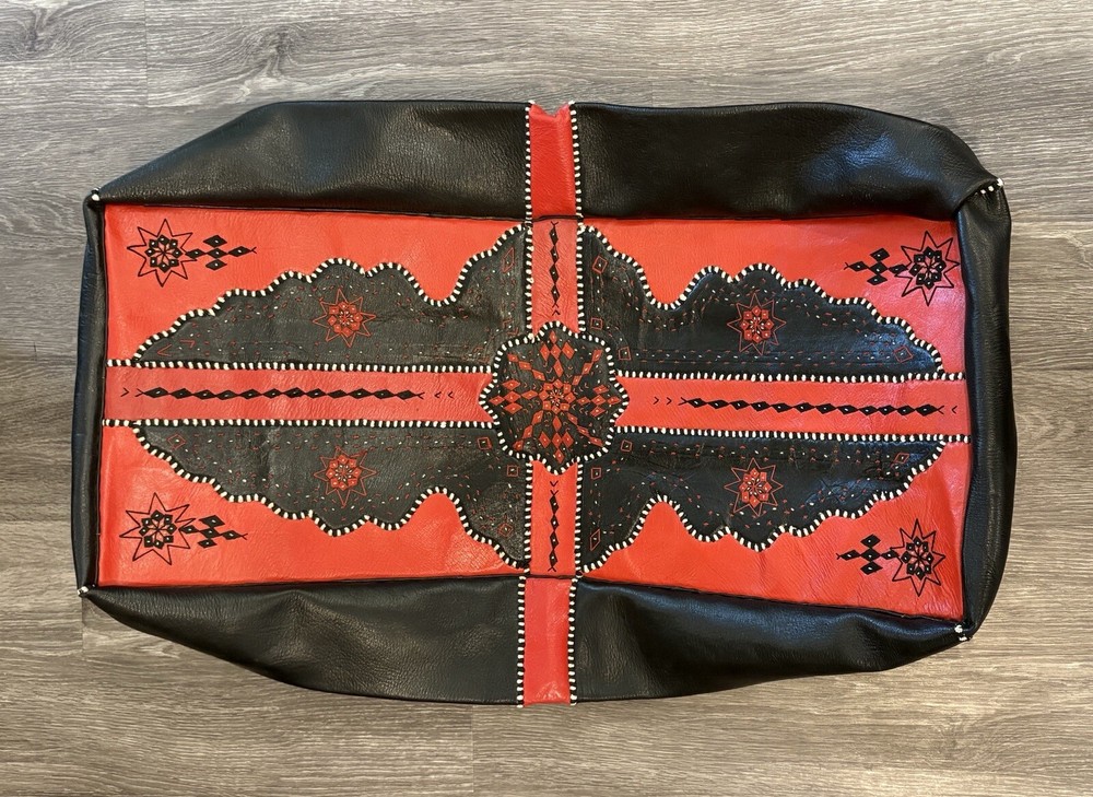 Rectangular leather pouf ottoman handmade Black Red Moroccan *cover only*