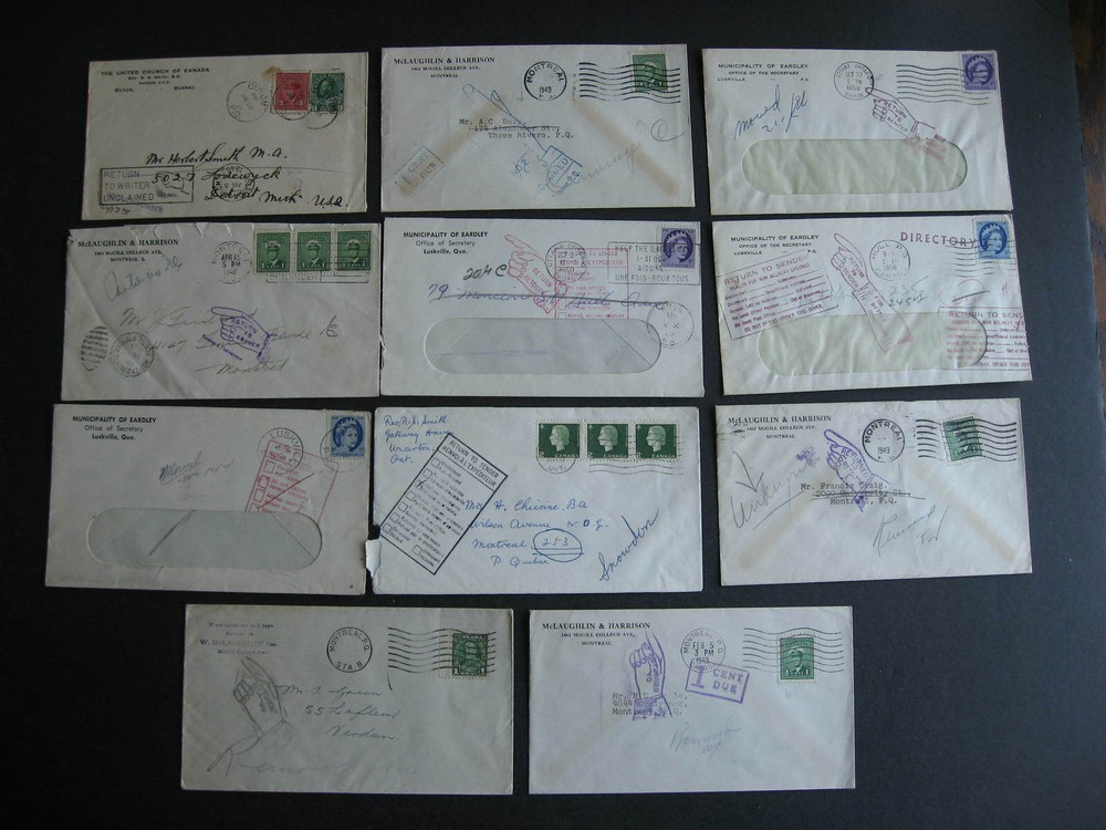 Canada return to sender handstamp 11 different types, styles on covers