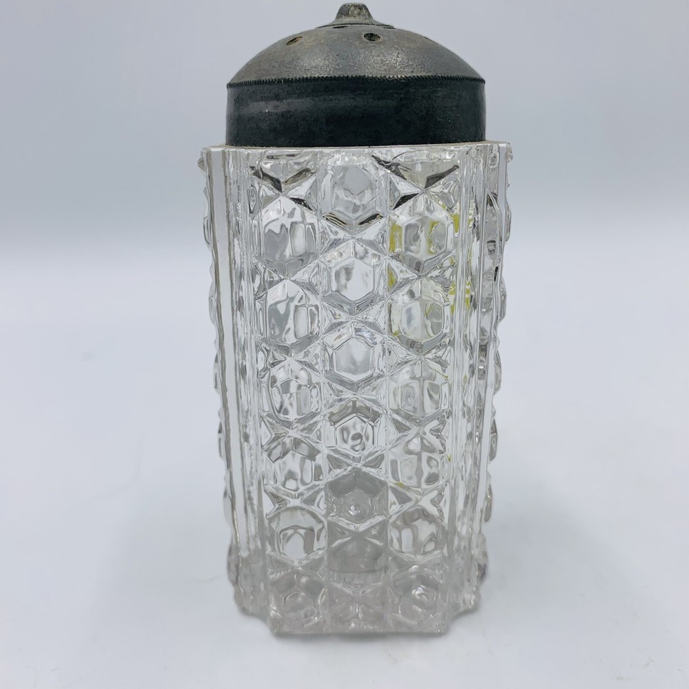 Pair EAPG Clear Glass Salt Pepper Shakers Square Diamond Hexagon Pattern