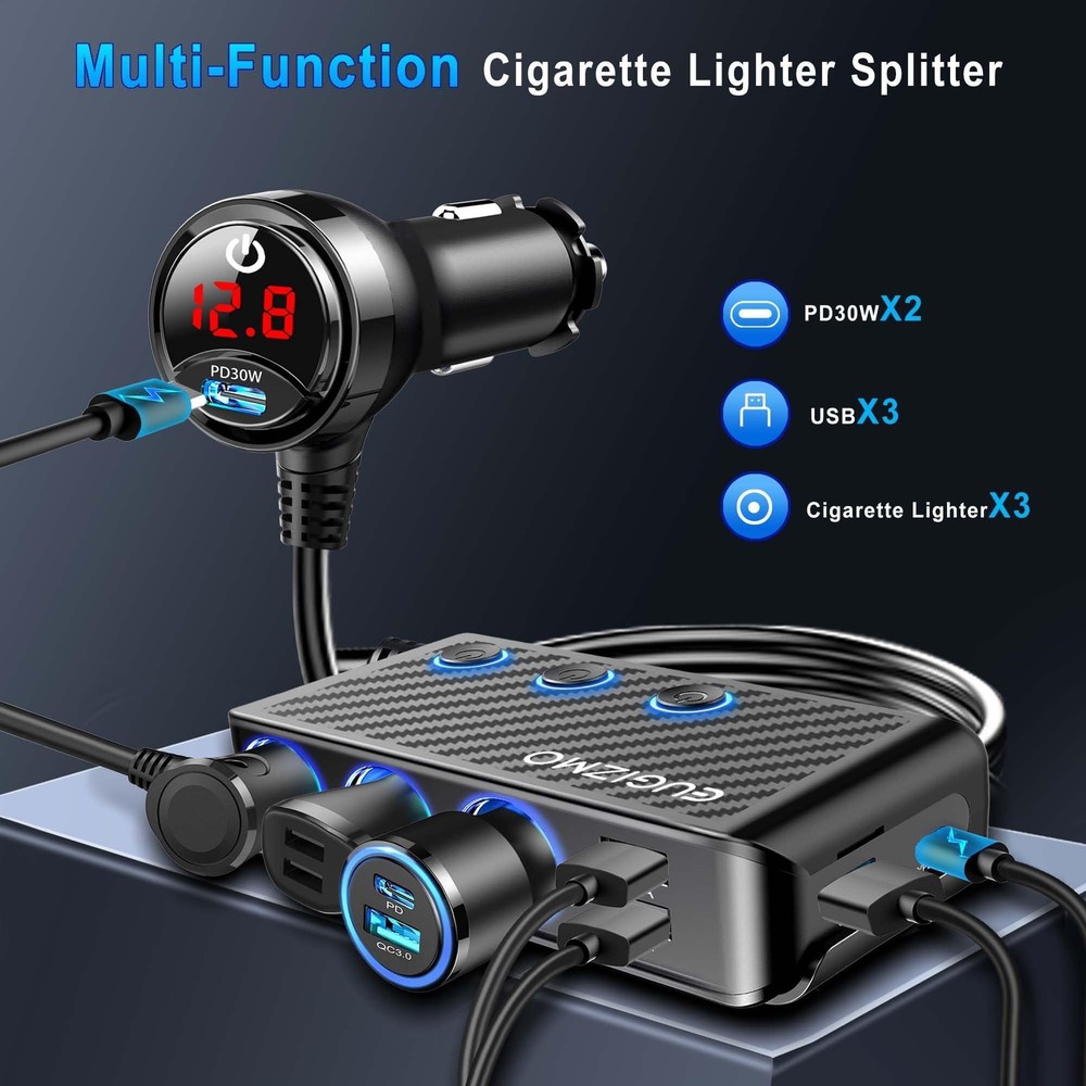 EUGIZMO Cigarette Lighter Adapter, 222W 3 Socket Car Black
