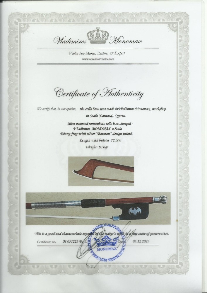 Certificate ONLY for pernambuco, round Cello Bow, frog with "Batman" design
