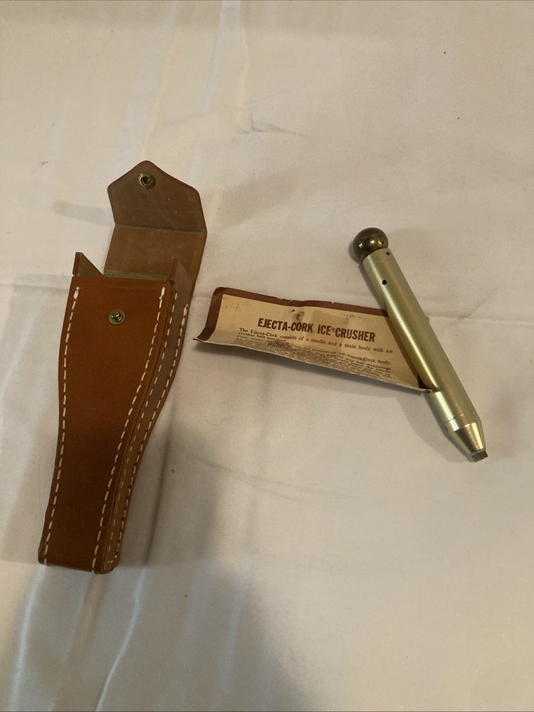 VINTAGE - Solid Brass Ejecta Cork & Ice Crusher in Leather Case BAR TOOL