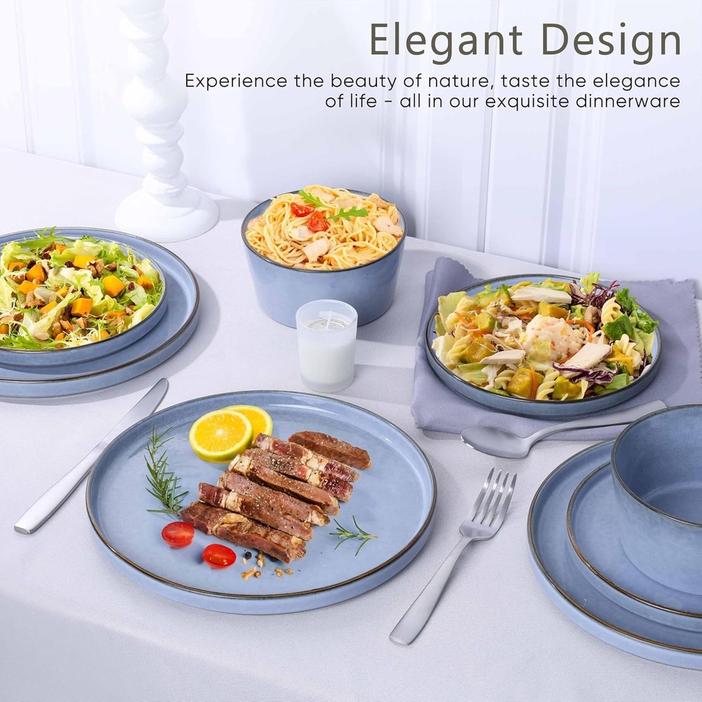 12-Piece Stoneware Dinnerware Set 4 Dinner Plates & Bowls Sets Double Reactive