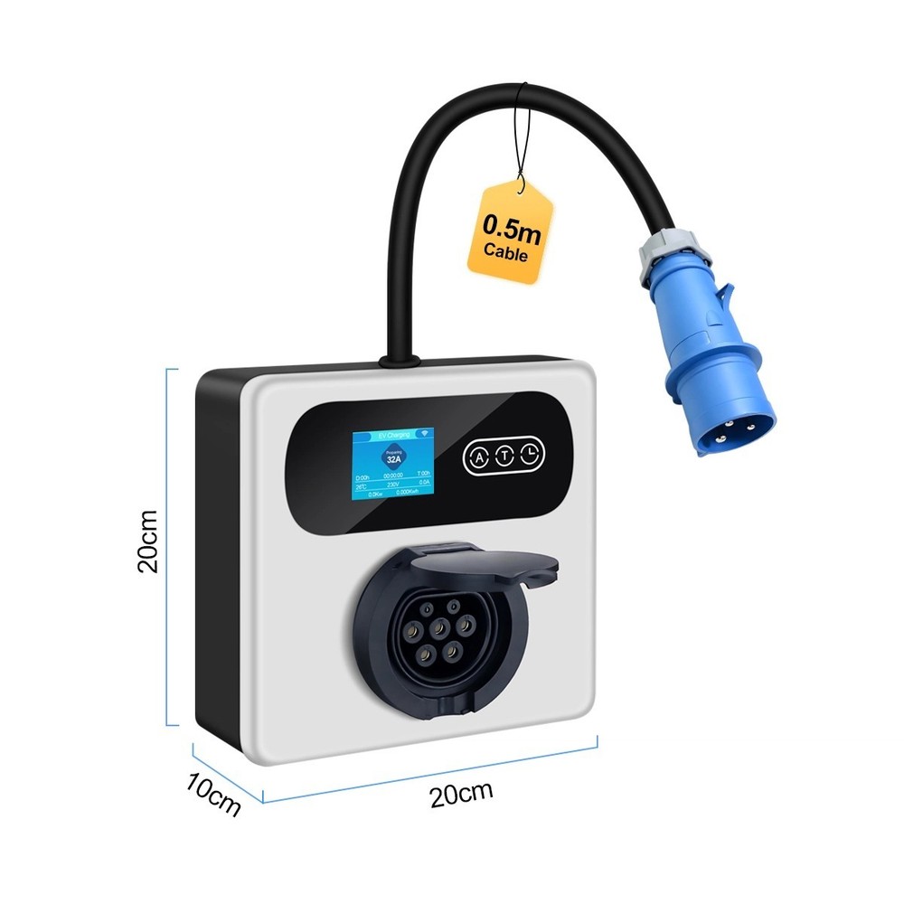 Portable Type 2 EV Wall Charger, 8A-32A Adjustable, 7kW 1-phase, Delay Timer