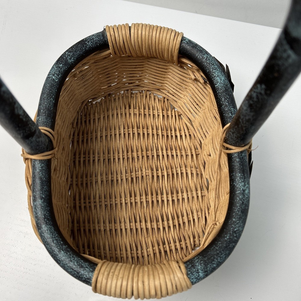 Wicker Basket Flat Bottom Top & Handle Sponged Leaf Shaped Metal On Front