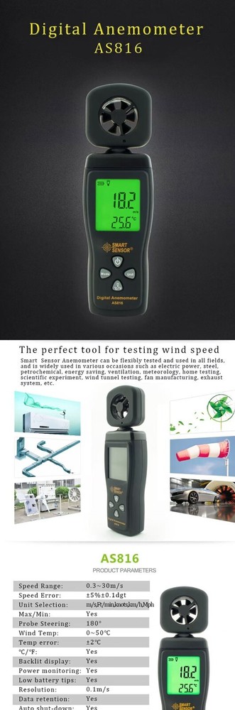 SMART SENSOR Digital Anemometer Handheld Air Wind Speed Meter Tester Backlight