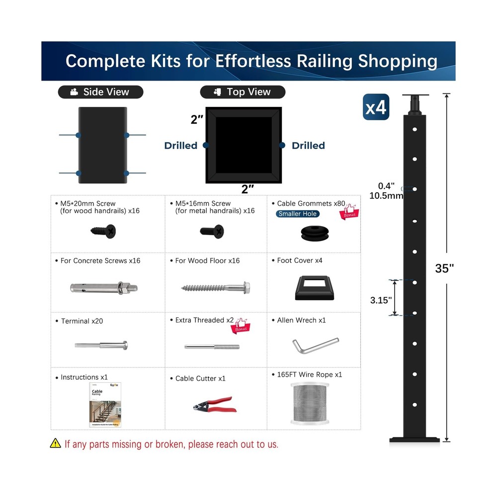 Cable Railing System - 4Pack Adjustable Line Post Kit with 160ft Cable, 10 Te...
