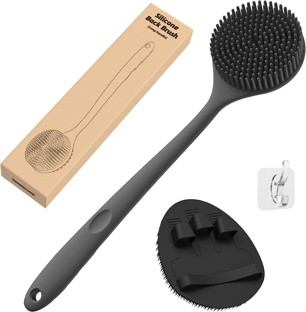 Silicone Back Scrubber(Thick Bristles) & Soft Bath Glove Set, Super-Exfoliating