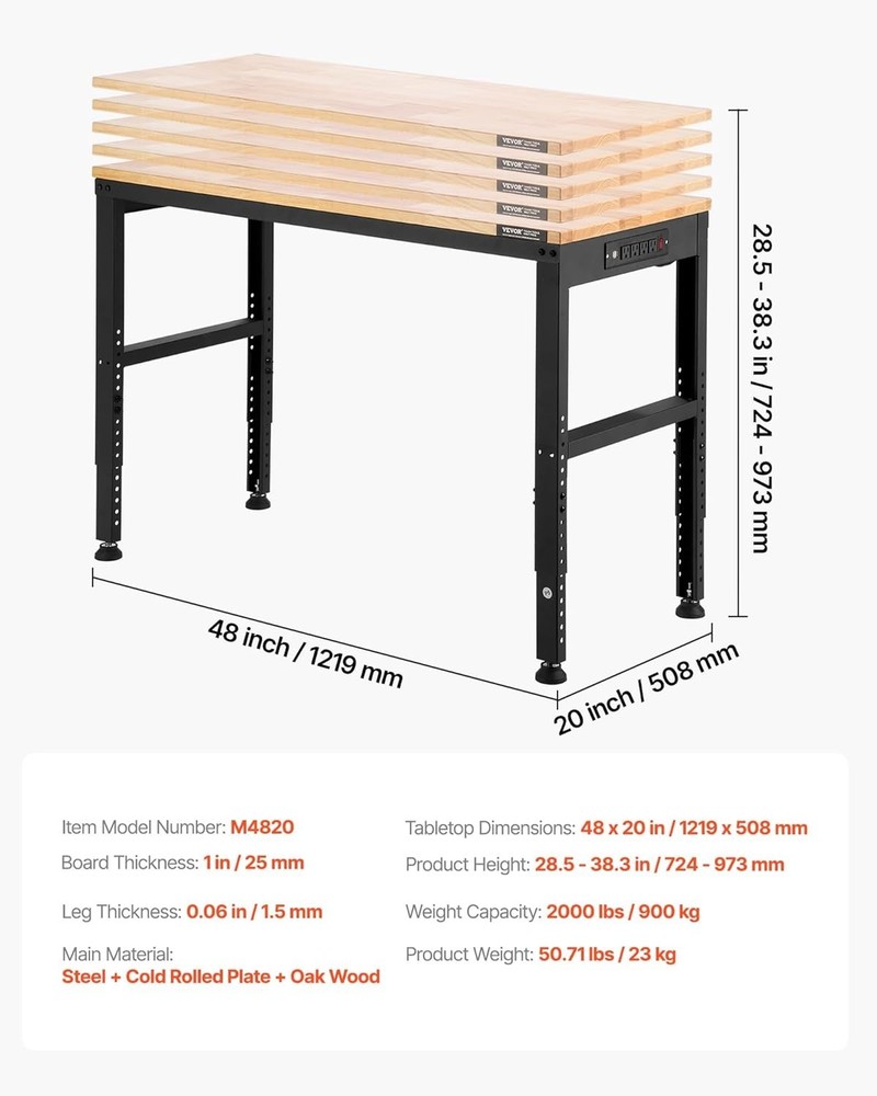 Durable 2000 lbs Capacity Adjustable Workbench - 48x20 Inch with Power Solutions