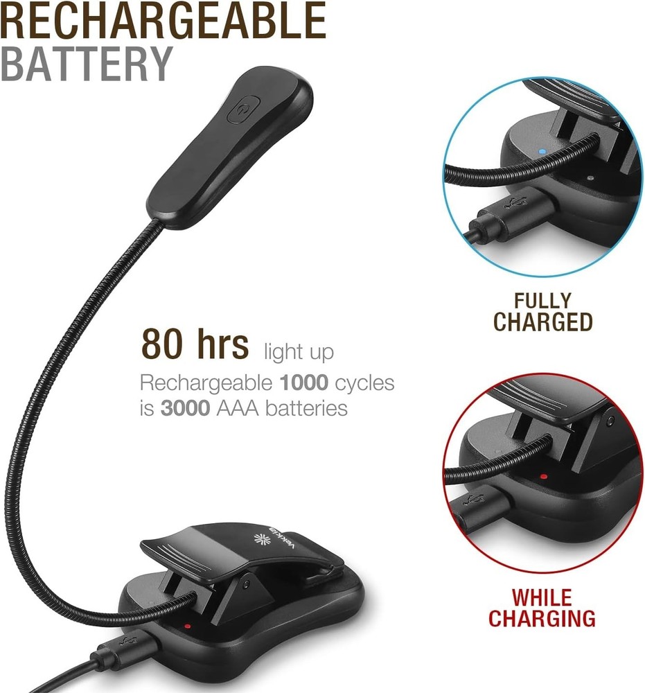 3000K Warm LED Rechargeable Book Light Easy For Eyes Clip On Reading Light Black