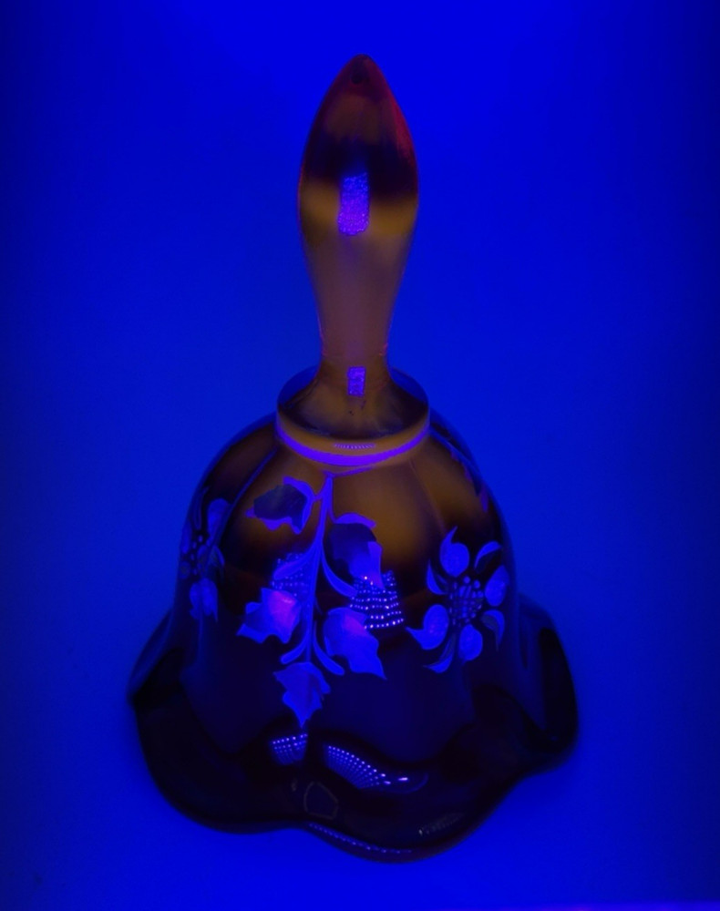 Fenton Ruby Red Hand Bell UV Cadium Glow Gold Silver Floral Signed Numbered #121