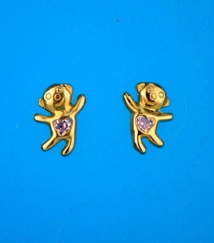 14k Yellow Gold CZ Bear Stud Earrings