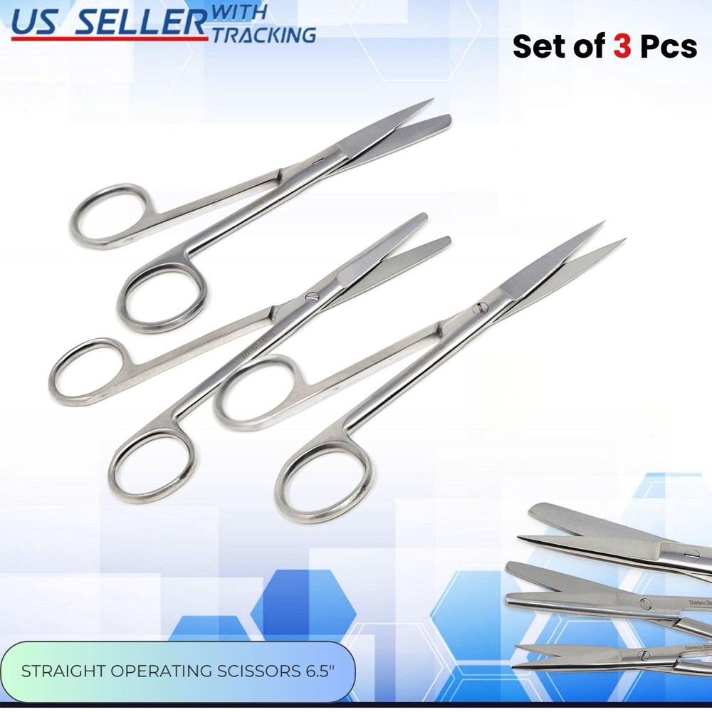 3pcs Operating Scissors 6.5" Straight Sharp-Blunt Points Surgical Instruments