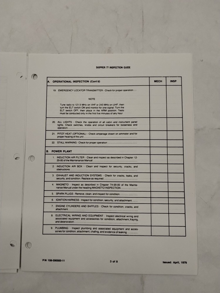 Beechcraft Model Skipper 77 Inspection Guide (12-Sets)-Original