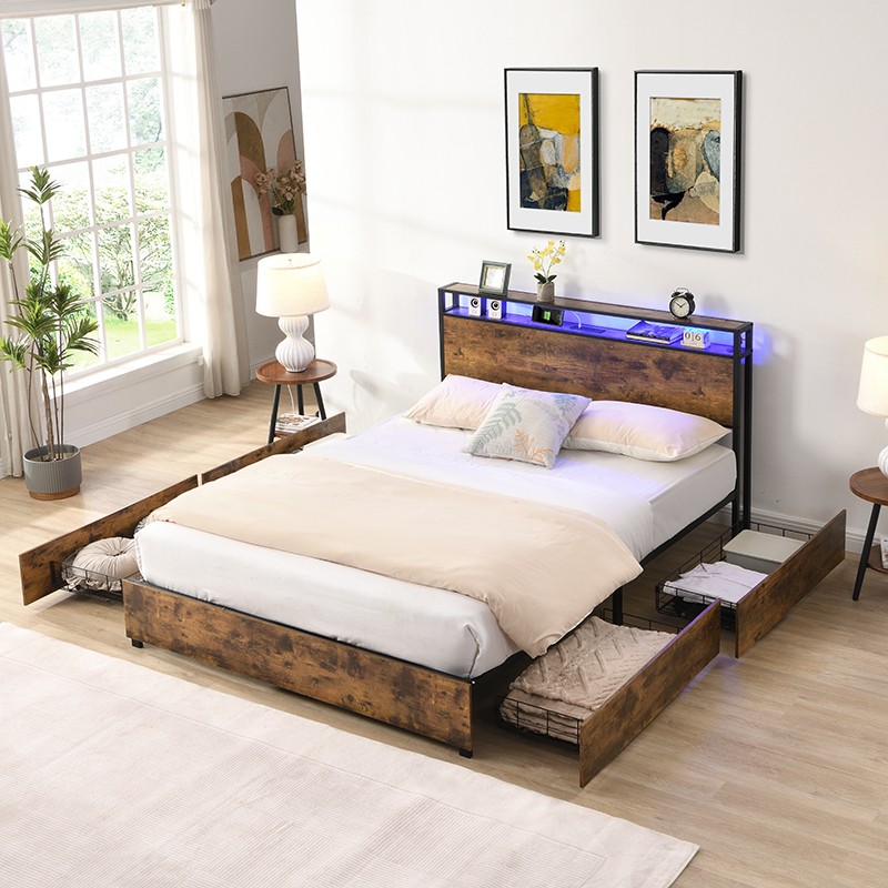 Full Size Bed Frame w/ Storage Headboard &Charging Station &LED Light