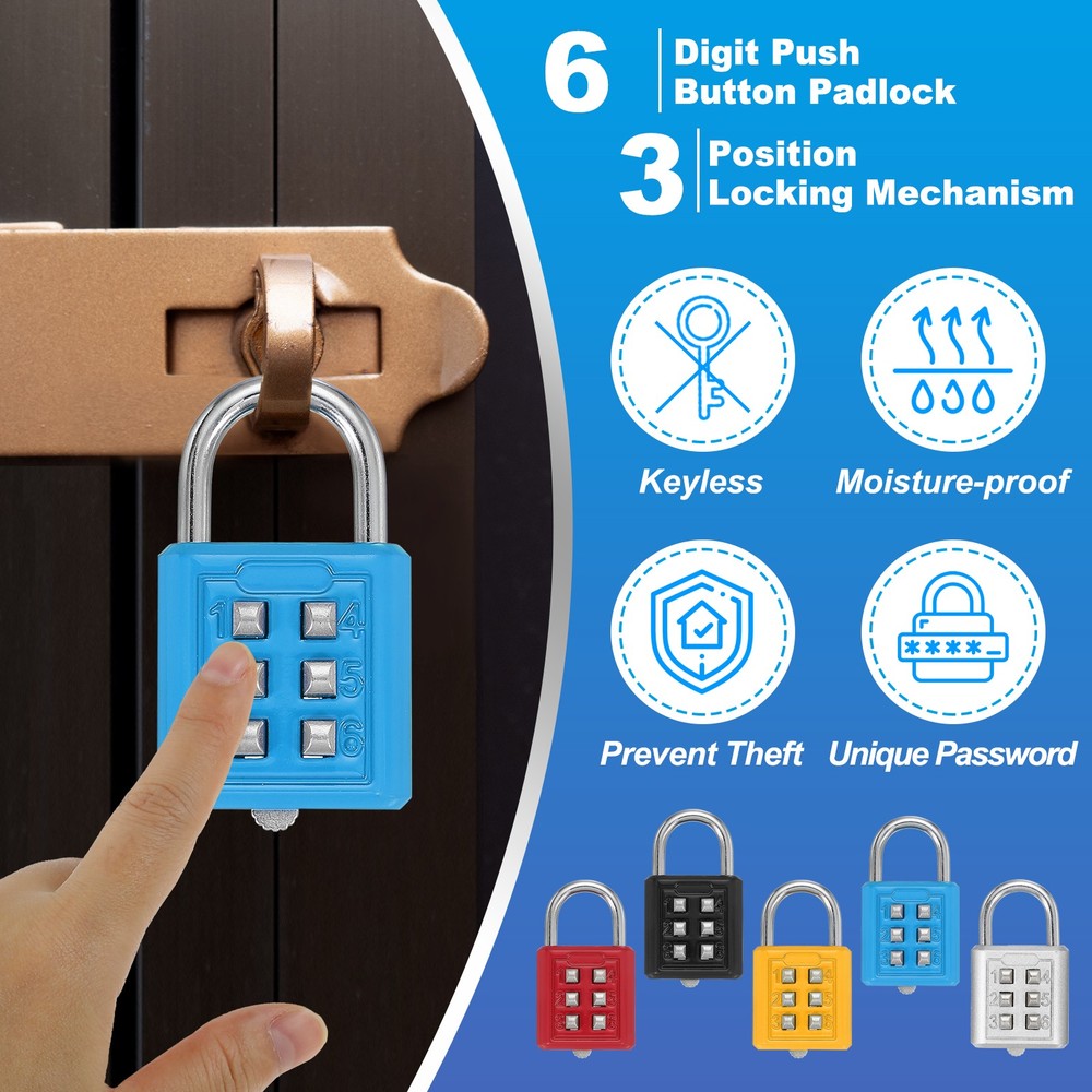 2Pcs Push Button Combination Padlock 6-Digit 3-Position Lock Sky Blue