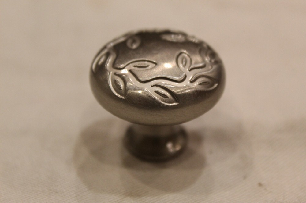 One Heavy Round Solid Brushed Nickel Cabinet Drawer Pull Leaf Design J-12