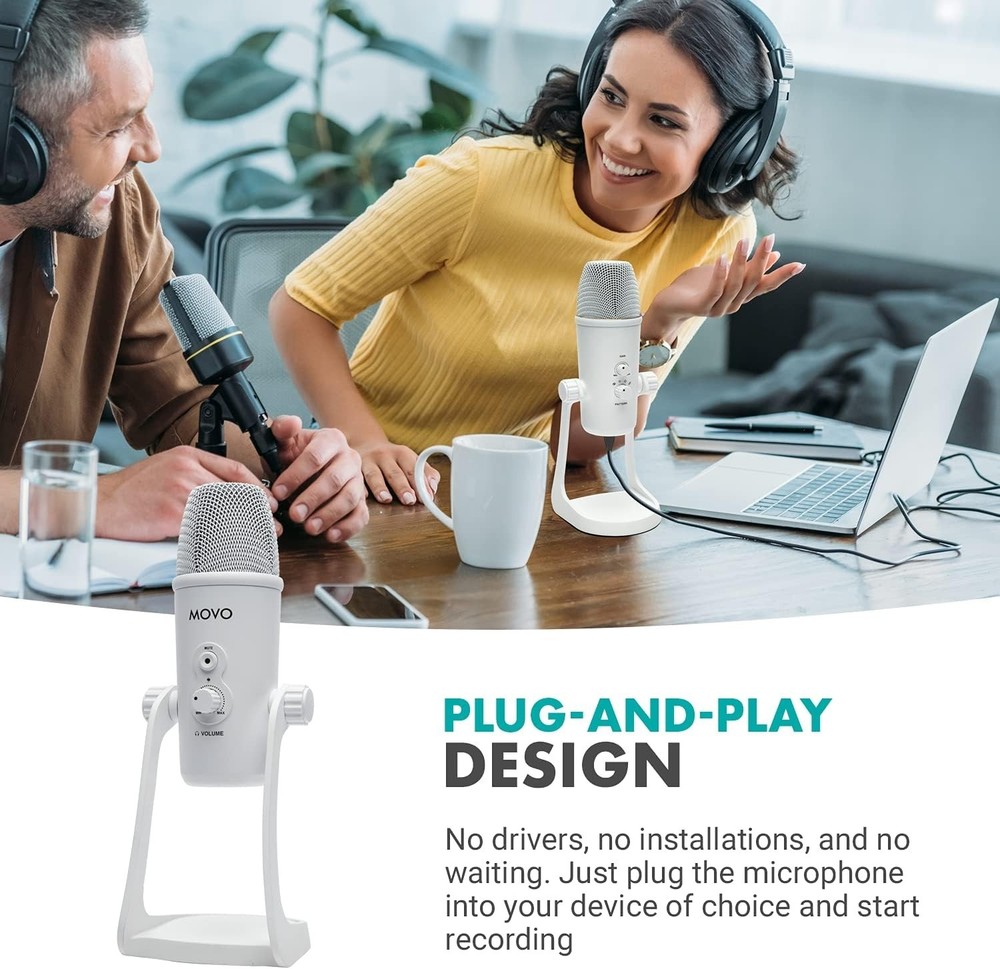 Movo UM700W White Desktop USB Microphone for Computer , 4 Pickup Patterns