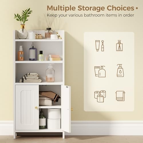 Bathroom Storage Cabinet - Small Floor Organizer with 2 Doors & Shelves, White