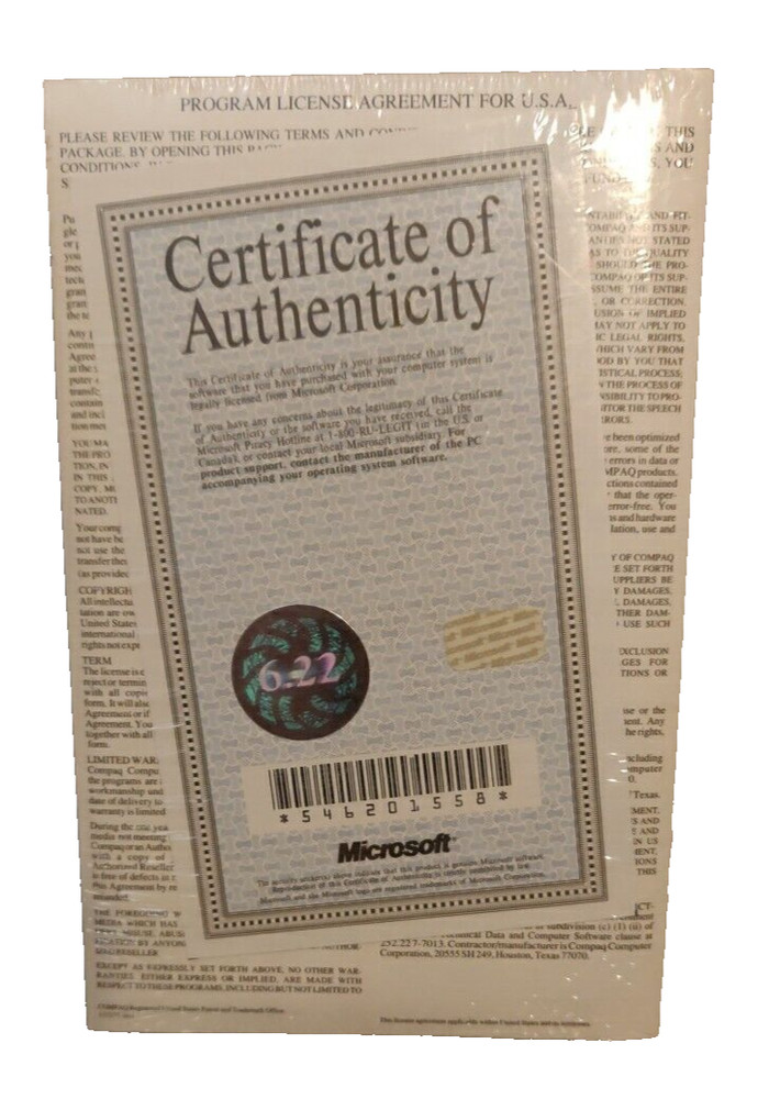 Vintage Microsoft Windows & MS-DOS 6.2 User’s Guide w/ COA New Sealed