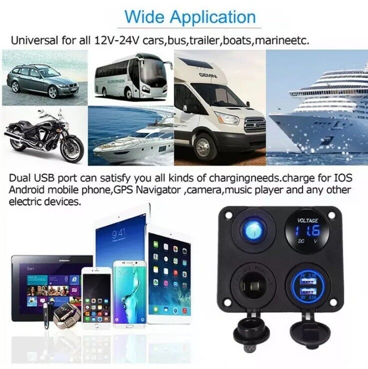 Blue LED Switch Panel Kit Dual USB Car Charger+Voltmeter+12V Power Socket+On-Off