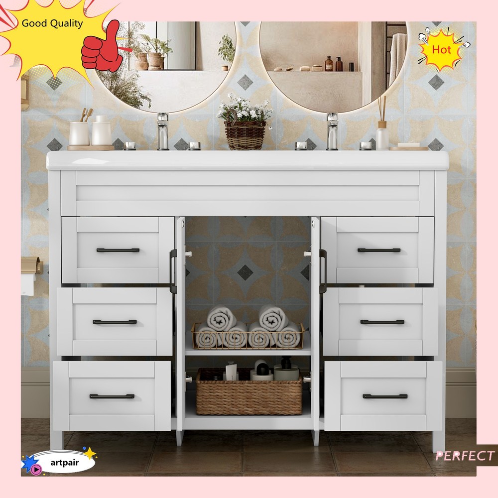 47" Bathroom Vanity Set & Double Ceramic Sinks Artificial Marble Countertop , US