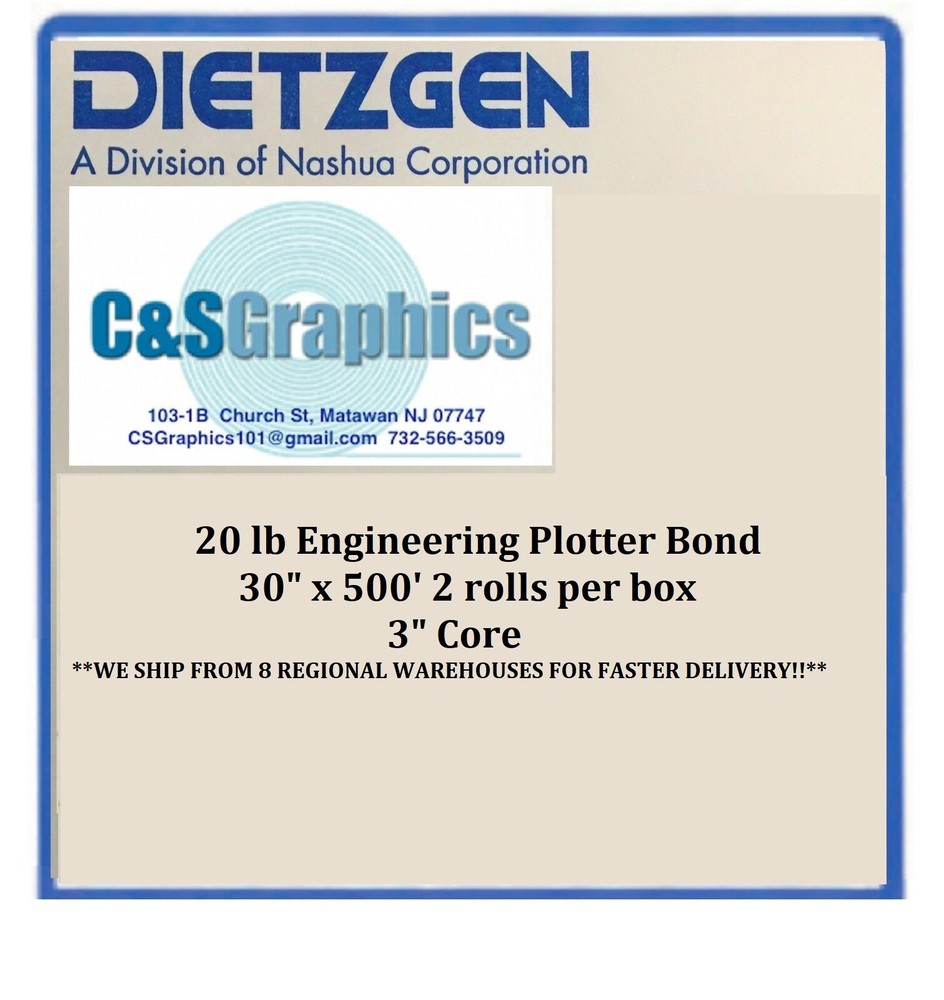 2 ROLLS 30" x 500' 20lb Bond Paper Wide Format Engineering Copier 3" core