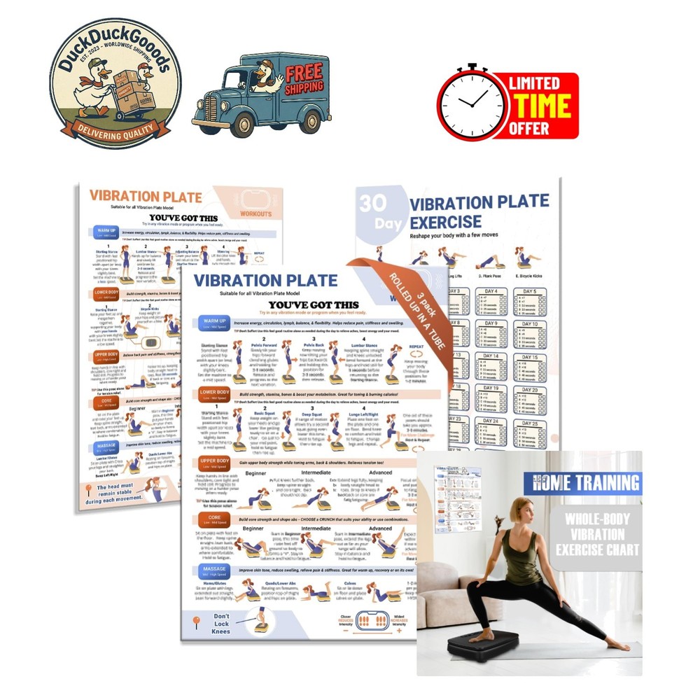 Comprehensive Vibration Plate Exercise Poster & 30-Day Workout Guide - 23x16.5"