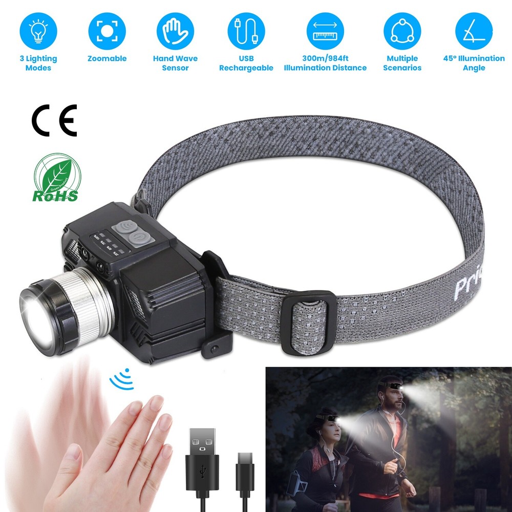 Zoomable LED Headlamp Adjustable Headlight Head Lamp Motion Sensor Flashlight