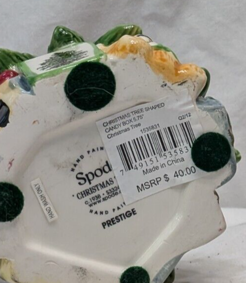 2 pc. 7" Spode Ceramic Decorated Xmas Tree Candy Box Hand Painted in Nice Con.