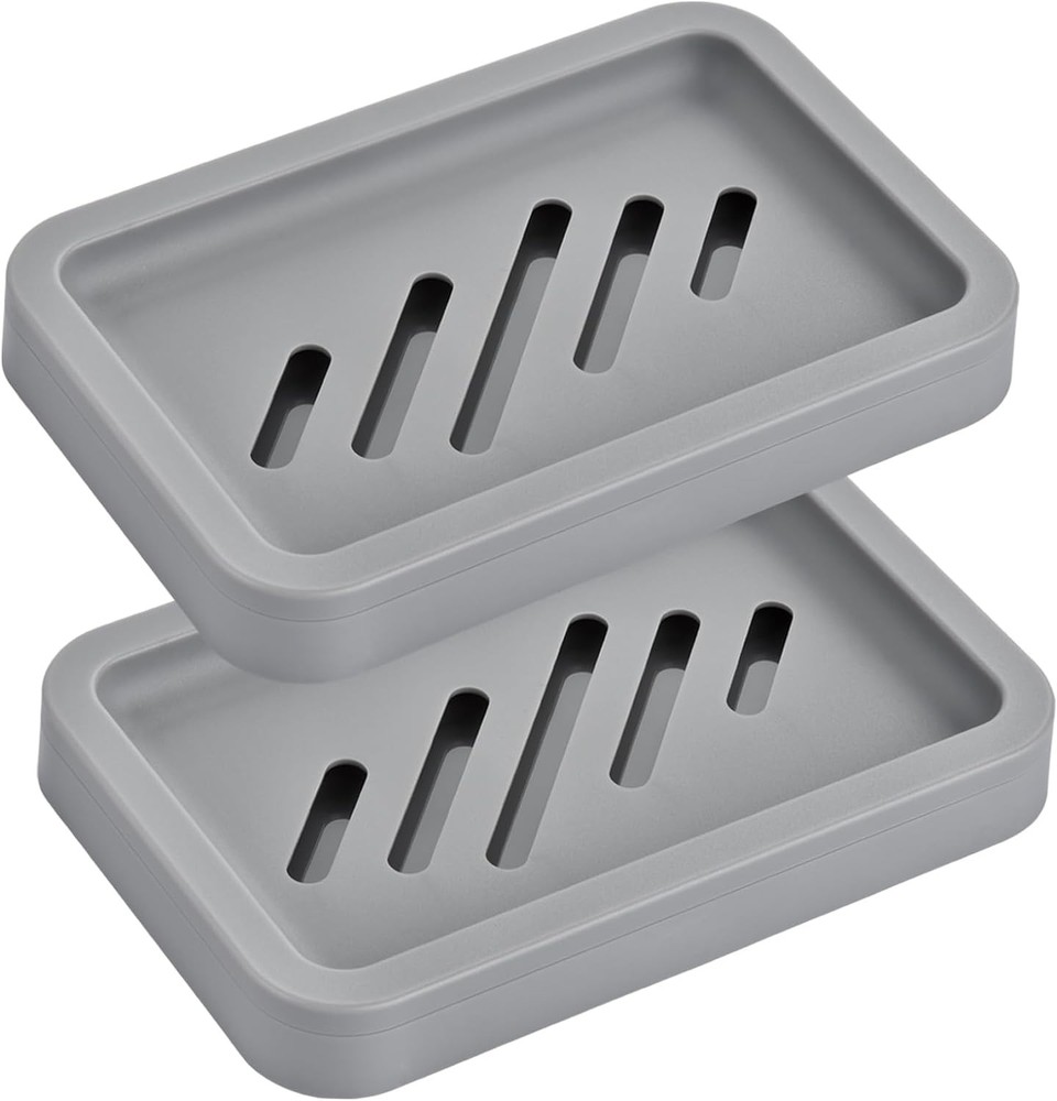Grey Soap Holders, Premium Plastic Bboo Dish, Self Draining Soap