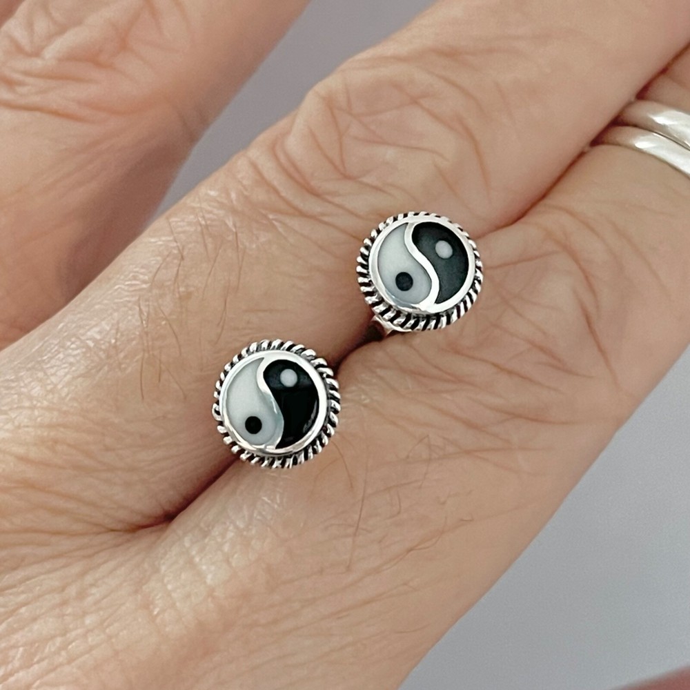Sterling Silver Yin and Yang Earring with Braid, Silver Earrings, Stud Earring