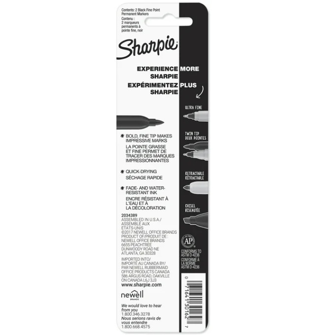 Sharpie Permanent Markers, Fine Point, Black, 2 Count
