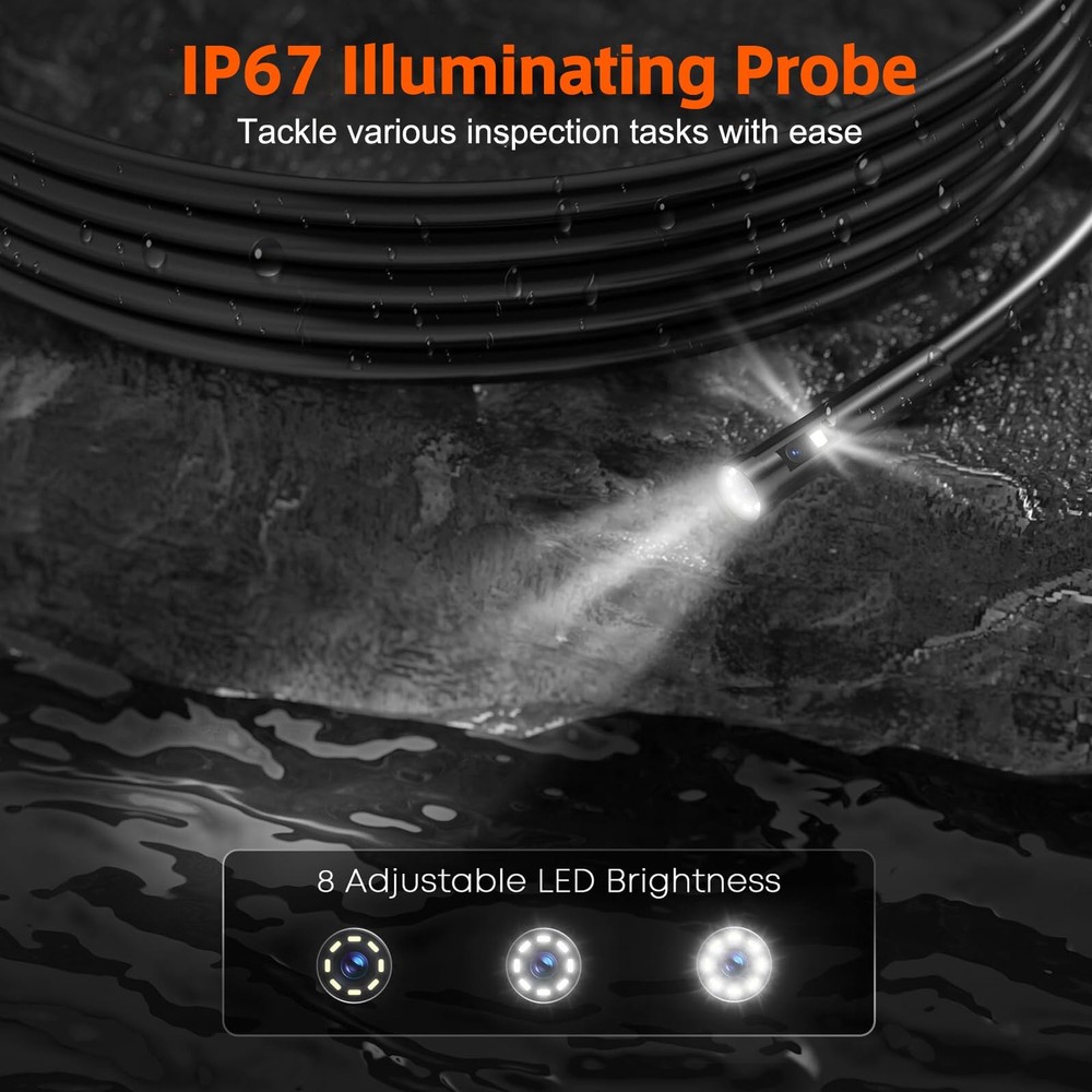 Triple Lens Inspection Drain Camera, 5 IPS Split Screen Borescope with Light &