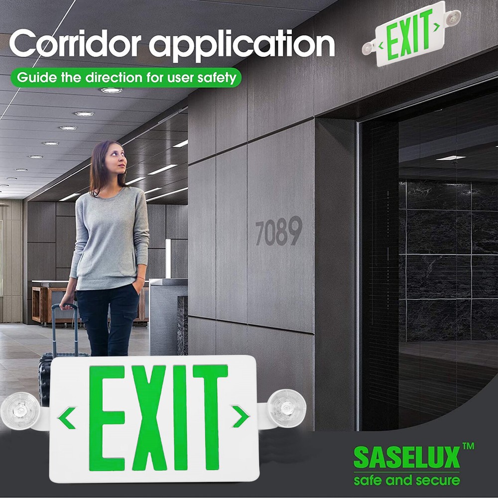 2 Pack Green LED Exit Sign, UL-Listed Emergency Light - Dual LED Lamp ABS Fire