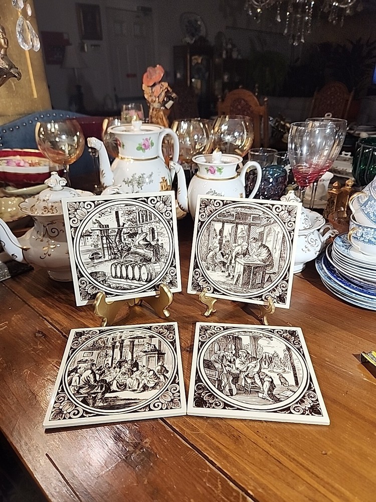 4 Ceramic Brown Transferware Tiles Japan