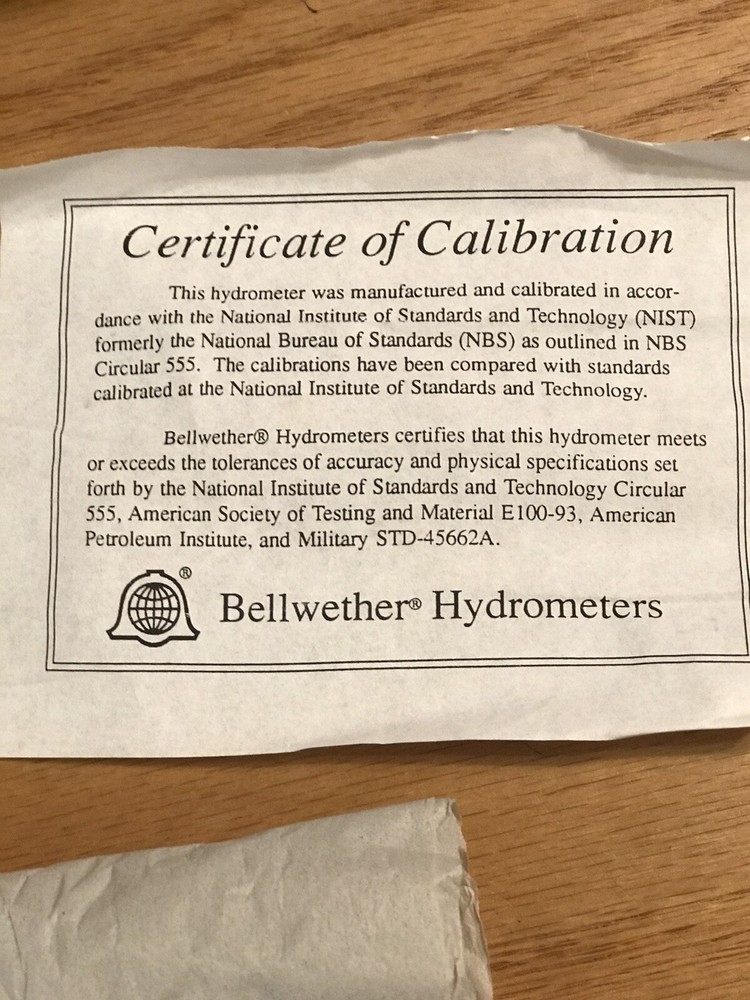 Bellwether Specific Gravity Precision Hydrometer New 1.00-2.00 6603.7