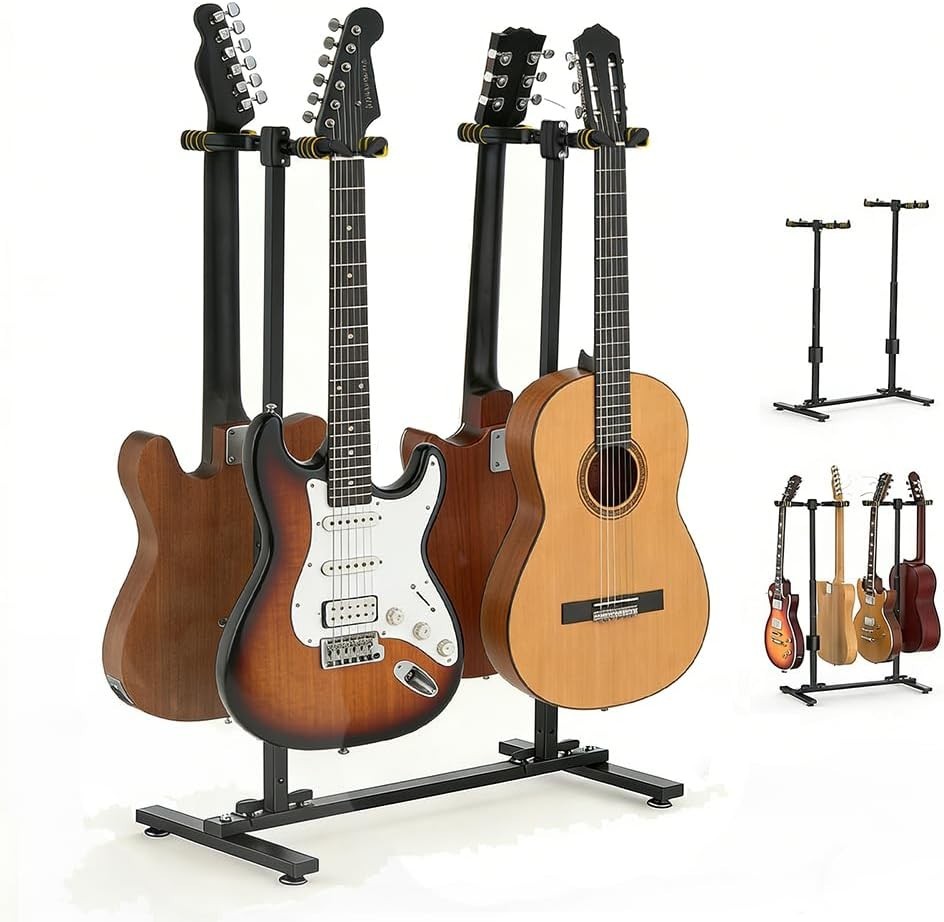 Multi Guitar Holder Stand for 4 Guitars Adjustable Height 90° Gravity-Lock Hook