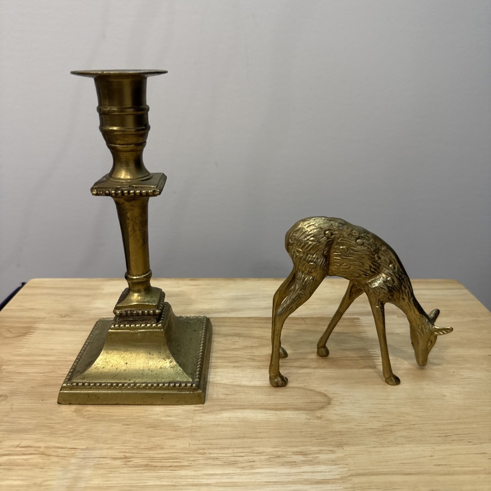 Brass Candlestick And Brass Deer