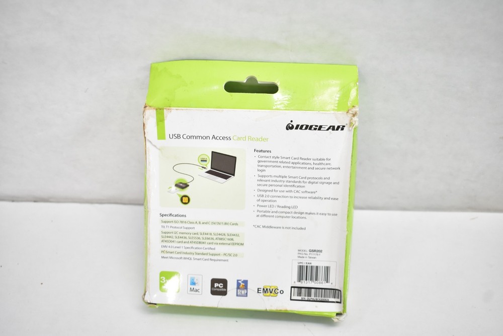 IOgear USB Common Access Card Reader CAC Reader 5' Cable USB-A Interface