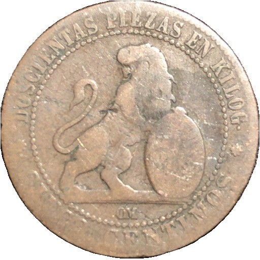1870-OM Spain 5 centimos Bronze Coin - FR (Fair) condition