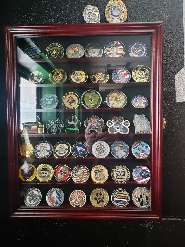 Premium Lockable Challenge Coin Display Case - Mahogany Finish, Wall Mountable