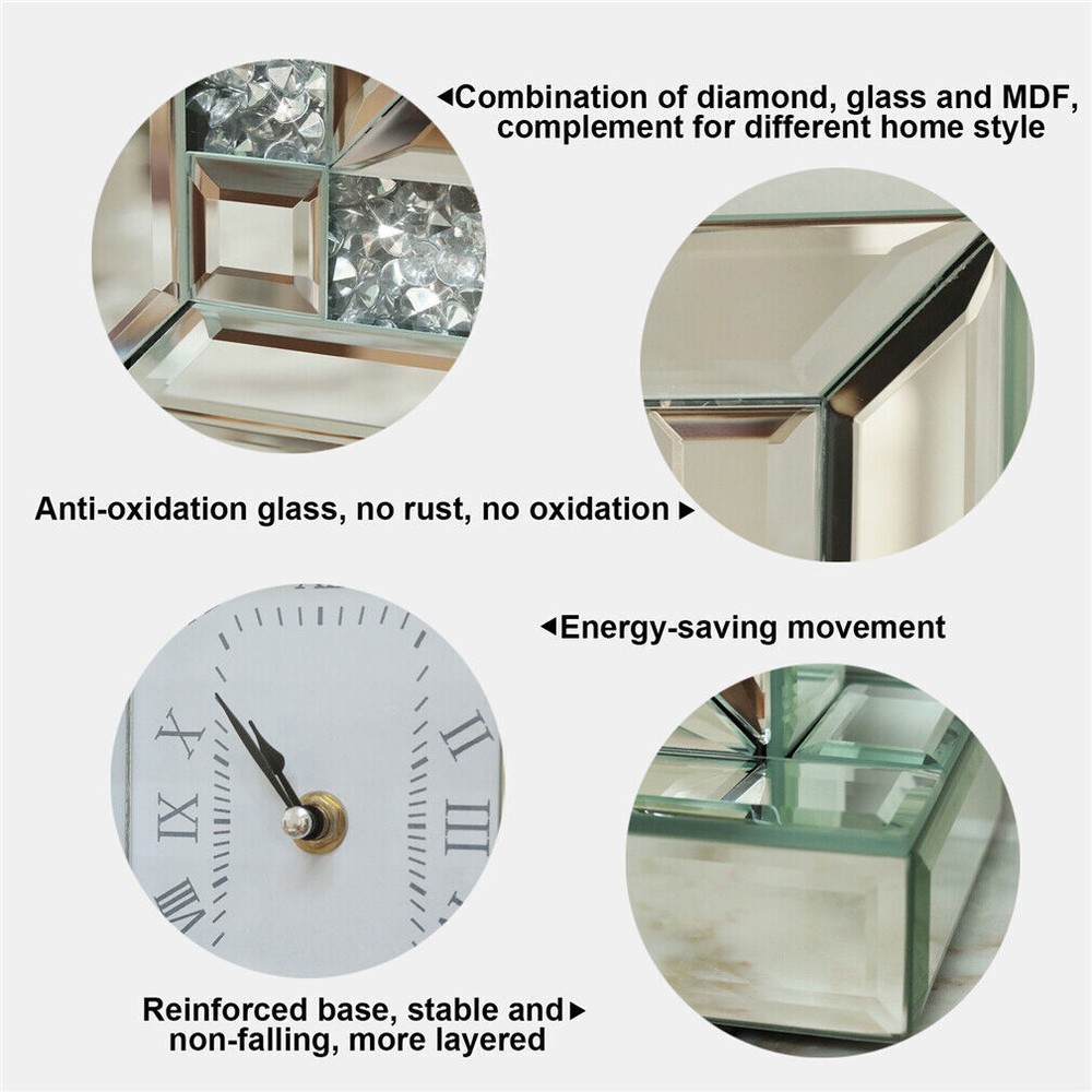 Silver Crushed Diamond Clock Mirrored Table Desk Clock fr Home Office Decorative