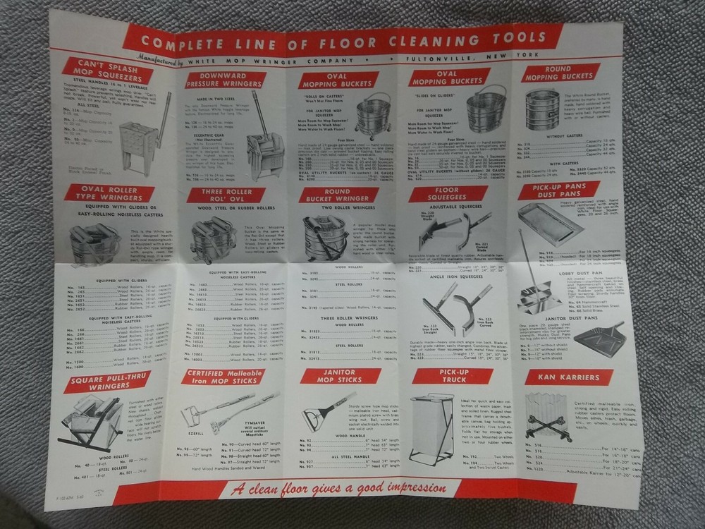 WHITE FLOOR MAINTENANCE TOOLS MINI BROCHURE MOP 1961 Scranton PA