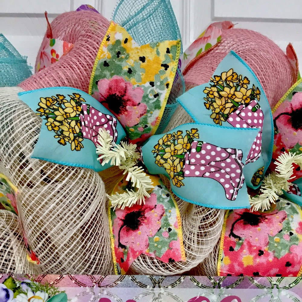 Hello Spring Floral Rain boots Pastel Wreath Handmade Deco Mesh