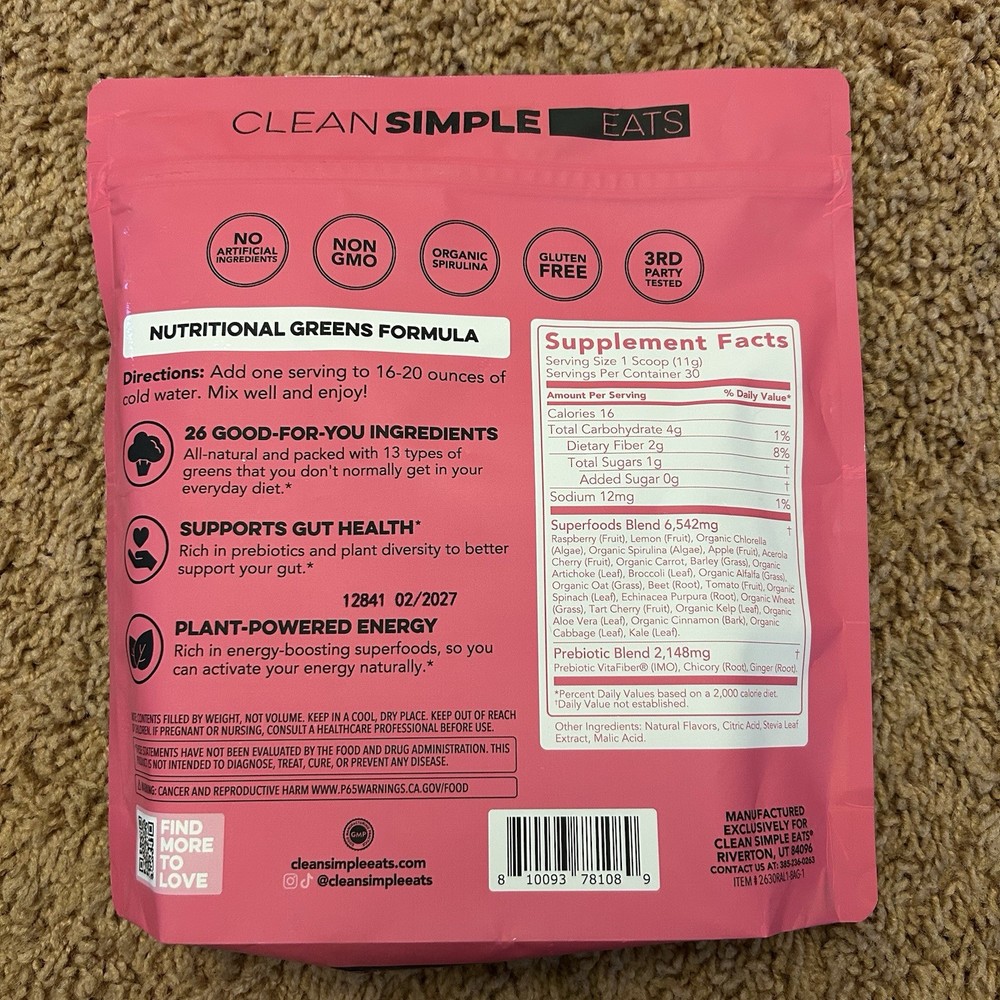 Clean Simple Eats Greens Powder Raspberry Lemonade 30 Servings 11.6oz